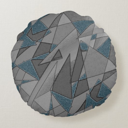 Grijze driehoeksnede met ruwe, donkerblauwe stukke rond kussen (Achterkant)