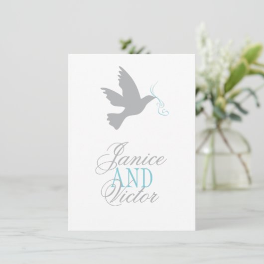 Grijze duif blauwe lint formele trouw-RSVP Kaart (Staand voorkant)