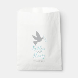 Grijze duif en blauw lint dank u gunst bedankzakje