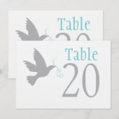 Grijze duif met aqua blauwe huwelijks tafelnummers (Voorkant / Achterkant)