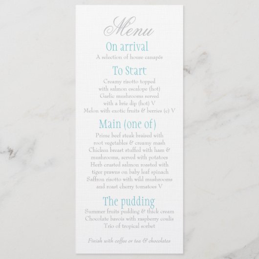 Grijze duif met het menu van het blauwe trouwdiner (Achterkant)