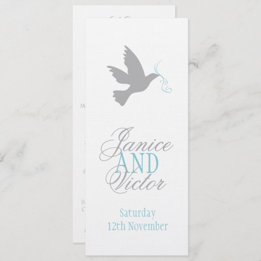 Grijze duif met het menu van het blauwe trouwdiner (Voorkant / Achterkant)