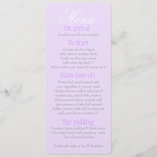 Grijze duif met het menu van het paarse trouwdiner (Achterkant)