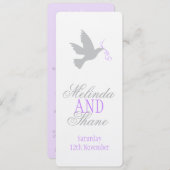 Grijze duif met het menu van het paarse trouwdiner (Voorkant / Achterkant)