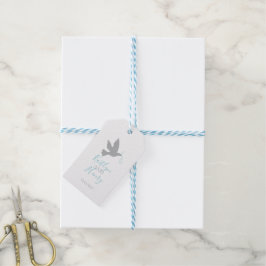 Grijze duif vliegende vogelblauwe linten bruiloft  cadeaulabel