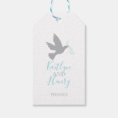 Grijze duif vliegende vogelblauwe linten bruiloft  cadeaulabel (Voorkant)