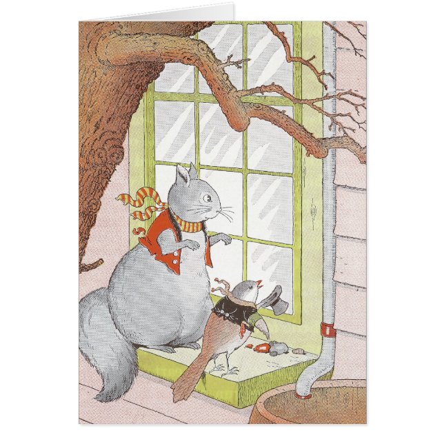 Grijze eekhoorn en vogel die in het raam kijken (Voorkant)