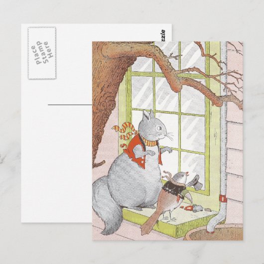 Grijze eekhoorn en vogel die in het raam kijken briefkaart (Voorkant / Achterkant)