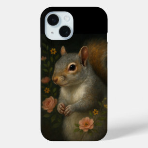 Grijze eekhoorn met bloemen – Betoverd bos iPhone 15 Case