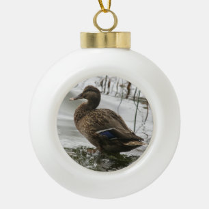 Grijze eend op donker het meer keramische bal ornament