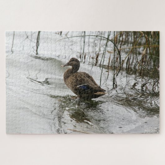 Grijze eend op donker het meer legpuzzel (Horizontaal)