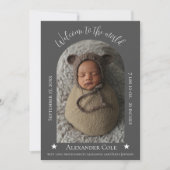 Grijze Eenvoudige Arch Lijst Foto geboorteaankondi Aankondiging (Voorkant)