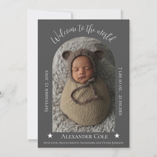 Grijze Eenvoudige Arch Lijst Foto geboorteaankondi Aankondiging (Voorkant)
