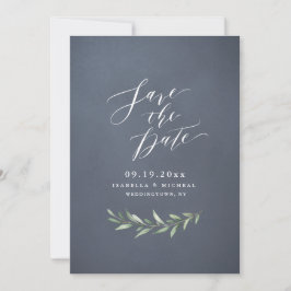 Grijze eenvoudige kalligrafie rustieke groene wedd save the date