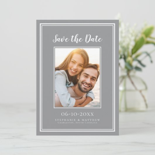 Grijze eenvoudige weduwschap Verloving Afbeelding Save The Date (Staand voorkant)