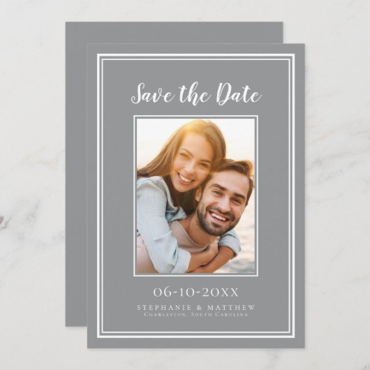 Grijze eenvoudige weduwschap Verloving Afbeelding  Save The Date (Voorkant / Achterkant)