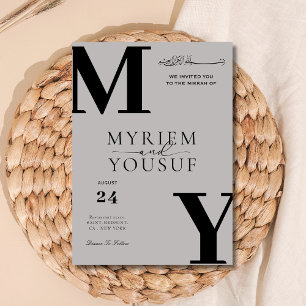Grijze elegante moderne monogram moslim trouw i kaart