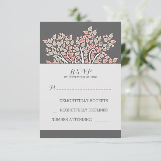 grijze elegante oude boomtakken bruiloft RSVP kaar (Staand voorkant)