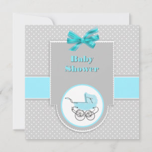 Grijze en aqua kinderwagen baby shower uitnodiging