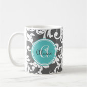 Grijze en Aqua Monogrammed Damask Print Koffiemok (Links)