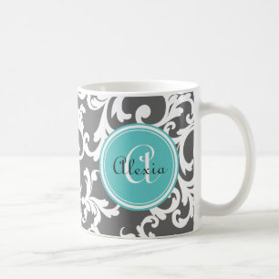 Grijze en Aqua Monogrammed Damask Print Koffiemok
