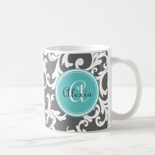 Grijze en Aqua Monogrammed Damask Print Koffiemok (Rechts)
