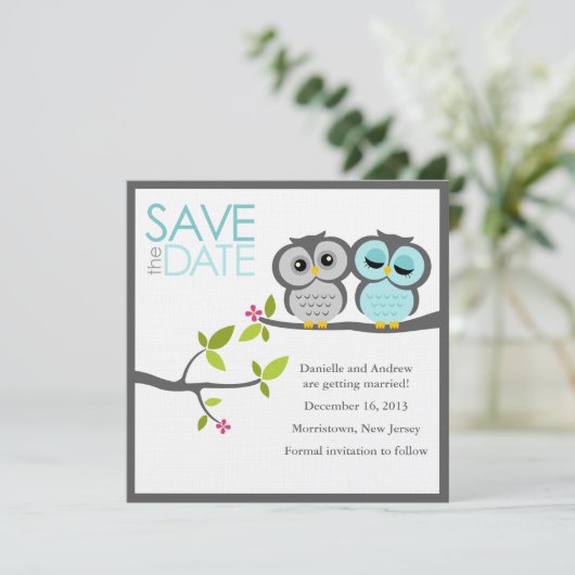 Grijze en Aqua Owls Wedding Save the Date (Staand voorkant)