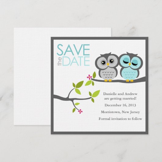 Grijze en Aqua Owls Wedding Save the Date (Voorkant / Achterkant)