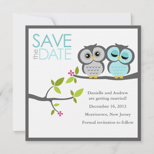 Grijze en Aqua Owls Wedding Save the Date (Voorkant)