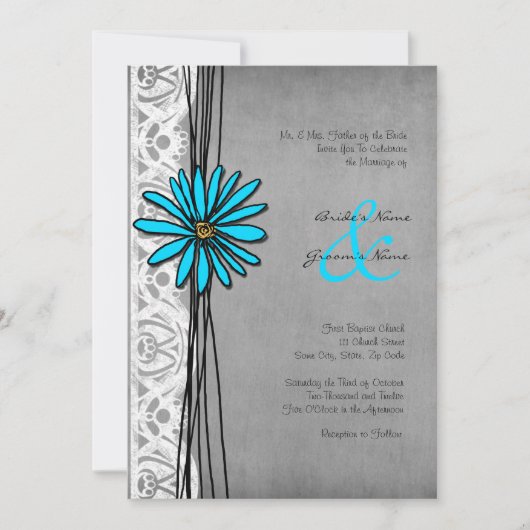 Grijze en Blauwe Daisy Wedding Invitations Kaart (Voorkant)