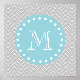 Grijze en blauwe moderne Chevron Aangepast monogra Poster
