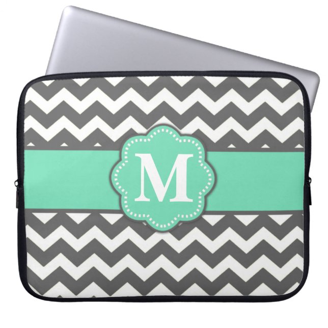 Grijze en Blauwgroen Chevron Monogram laptophoes Laptop Sleeve (Voorkant)