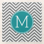 Grijze en Blauwgroen Chevrons - Aangepast monogram Glazen Onderzetter (Voorkant)