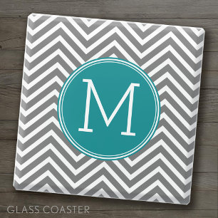Grijze en Blauwgroen Chevrons - Aangepast monogram Glazen Onderzetter