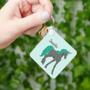 Grijze en Blauwgroen Unicorn Aangepast Sleutelhanger