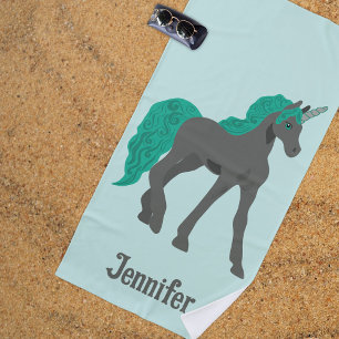 Grijze en Blauwgroen Unicorn Aangepast Strandlaken
