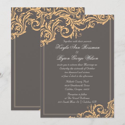 Grijze en gele bloei huwelijksuitnodiging kaart (Voorkant / Achterkant)