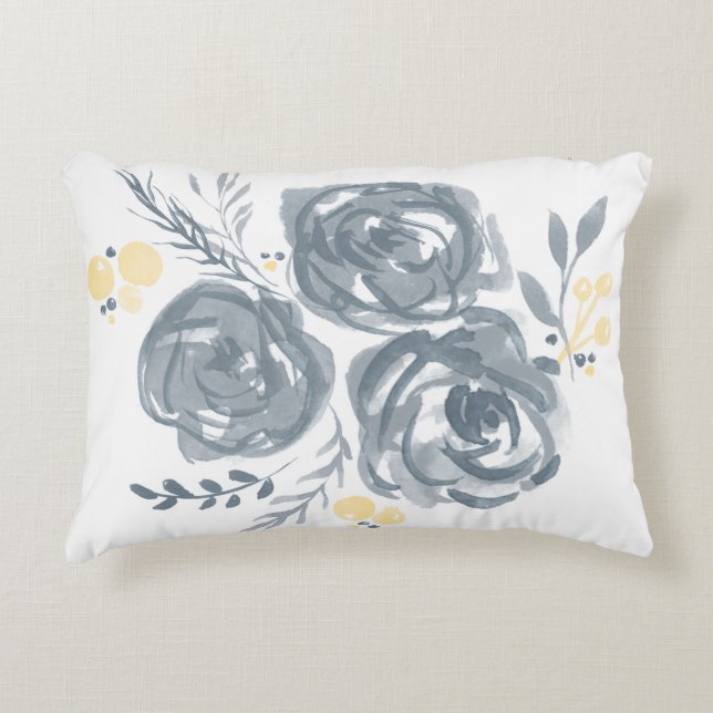Grijze en Gele Bloemen Waterverf Print Decoratief Kussen (Voorkant)