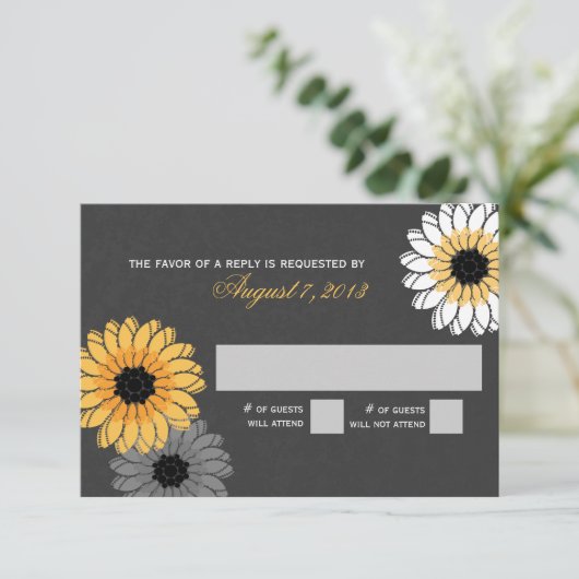 Grijze en gele leisteen en bloemen reactie RSVP kaartje (Staand voorkant)