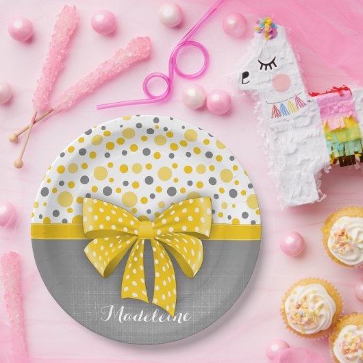 Grijze en gele pokadots, zonnige gele lint papieren bordje (Feest)