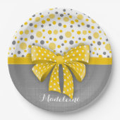 Grijze en gele pokadots, zonnige gele lint papieren bordje (Voorkant)