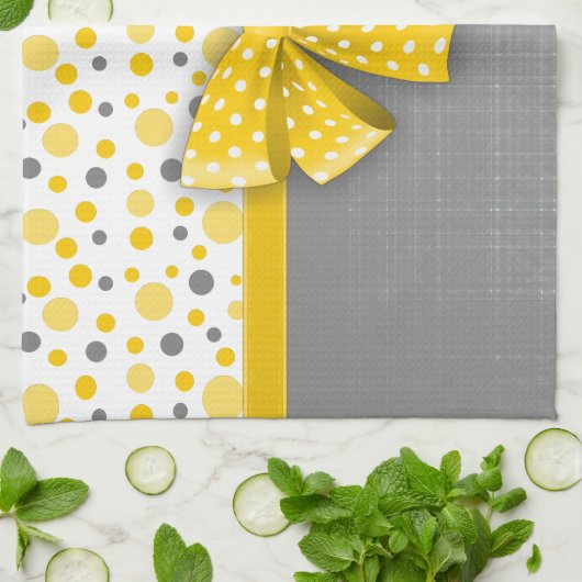 Grijze en gele pokadots, zonnige gele lint theedoek (Gevouwen)