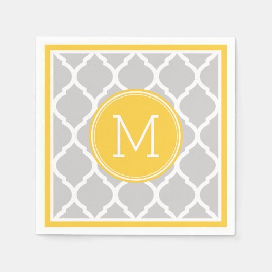 Grijze en gele quatrefoil bruiloft monogram servetten (Voorkant)