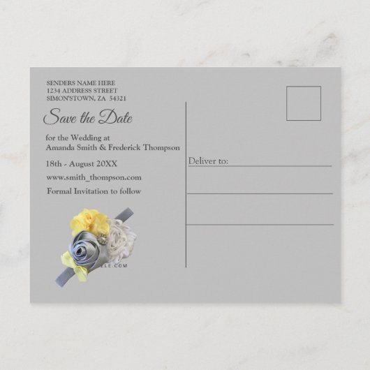 Grijze en gele tulpen met zonsondergang aankondigingskaart (Achterkant)