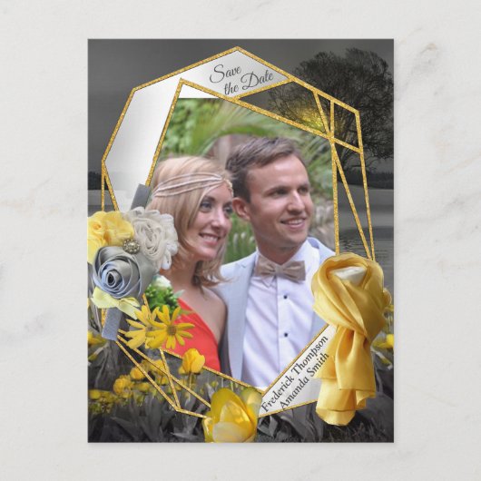 Grijze en gele tulpen met zonsondergang aankondigingskaart (Voorkant)