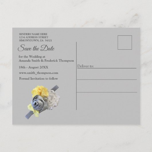 Grijze en gele tulpen met zonsondergang aankondigingskaart (Achterkant)