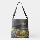 Grijze en gele tulpen met zonsondergang crossbody tas (Achterkant)