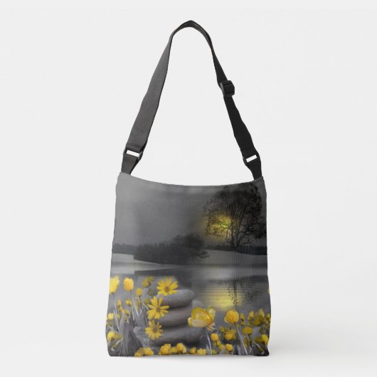 Grijze en gele tulpen met zonsondergang crossbody tas (Voorkant)