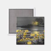 Grijze en gele tulpen met zonsondergang magneet (Voorkant / Achterkant)