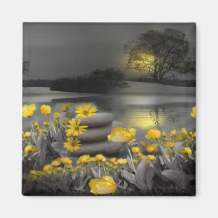 Grijze en gele tulpen met zonsondergang magneet